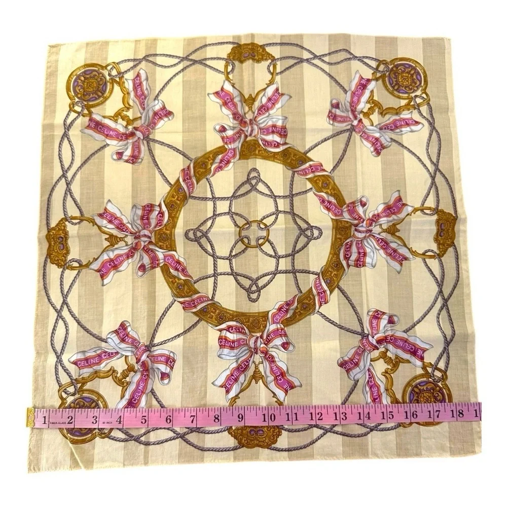 Celine Silk Scarf Duo Set Carriage Print & Ribbon Ropes 100% Silk 18” Squares